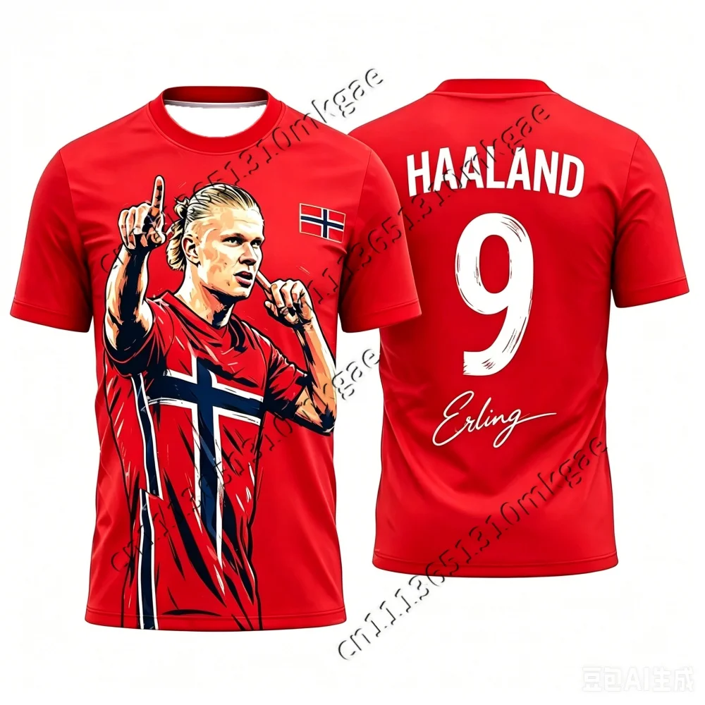 Haaland 9 Signature Norway Team T-Shirt Men Women Fashion Portrait Short Sleeve Casual Breathable Fan Supporter Kids Jersey