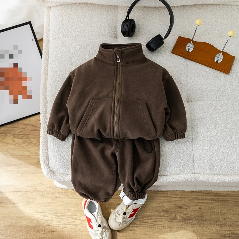 Kids Set Winter New Fleece Solid Color Fleece Casual Two Piece Set Sport Zip Jacket 1 to 5 Years Kids Set