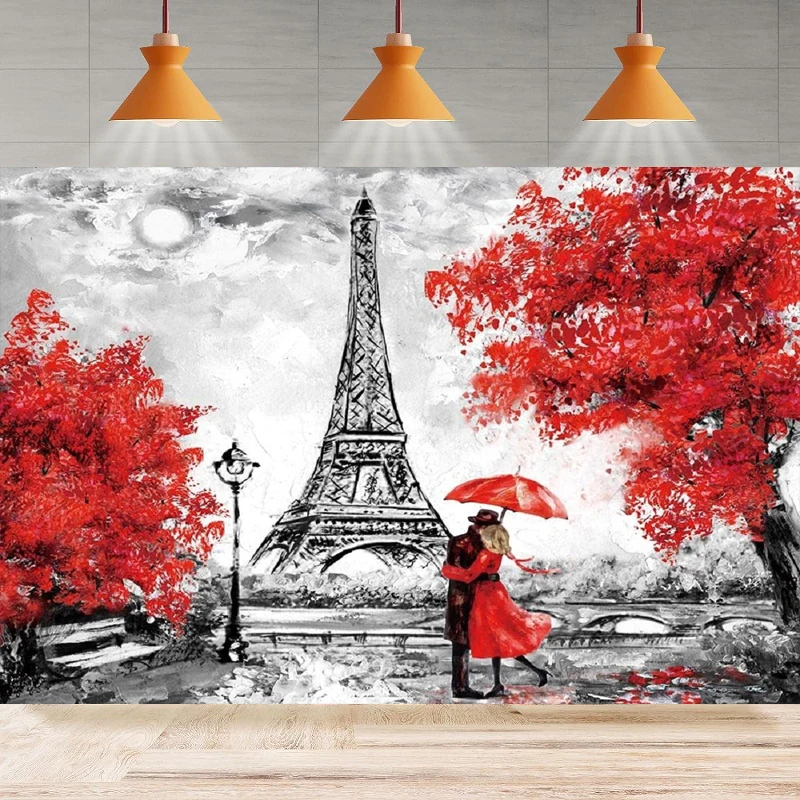 Photography Backdrop Watercolor Red Maple Leaf Street Lamp Bridge Vintage Paris Eiffel Tower Background Home Party Backdrop Wall