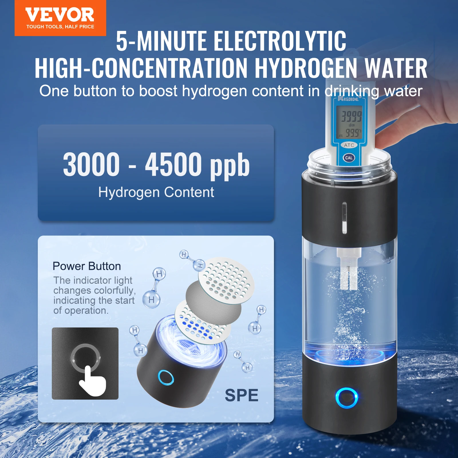 VEVOR-Bouteille d'Eau à l'Hydrogène Portable, Générateur d'une Capacité de 230 ml / 8.1 oz, Technologie SPE