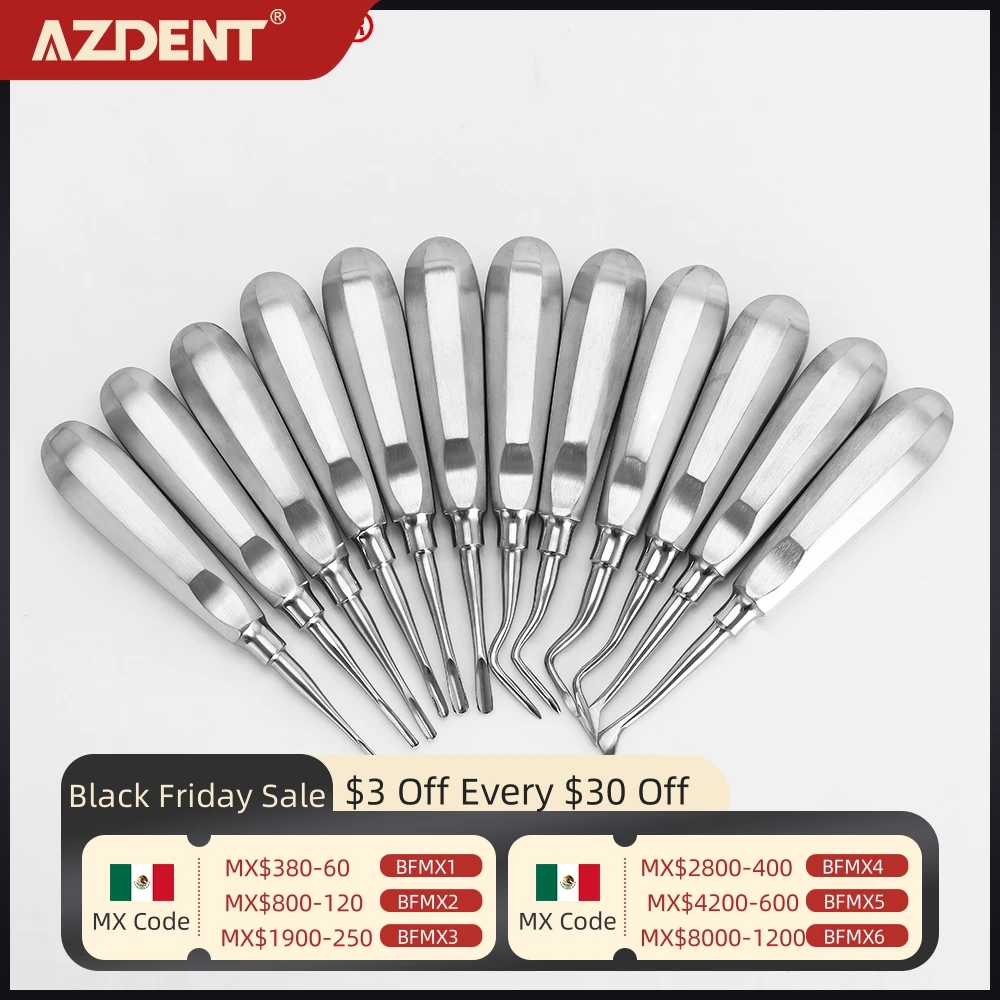 AZDENT 12 Pcs/Set Dental Stainless Steel Elevator Teeth Curved Root Extraction Tools Kit Minimally Invasive Lab Dentistry Tools