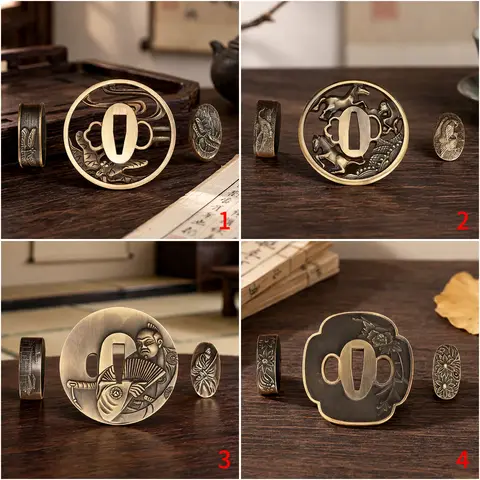 Complete Tsuba Fitting Set Antique Bronze Alloy Tsuba Sword Guard Lotus Crane Horse Scholar Peony Relief For Katana