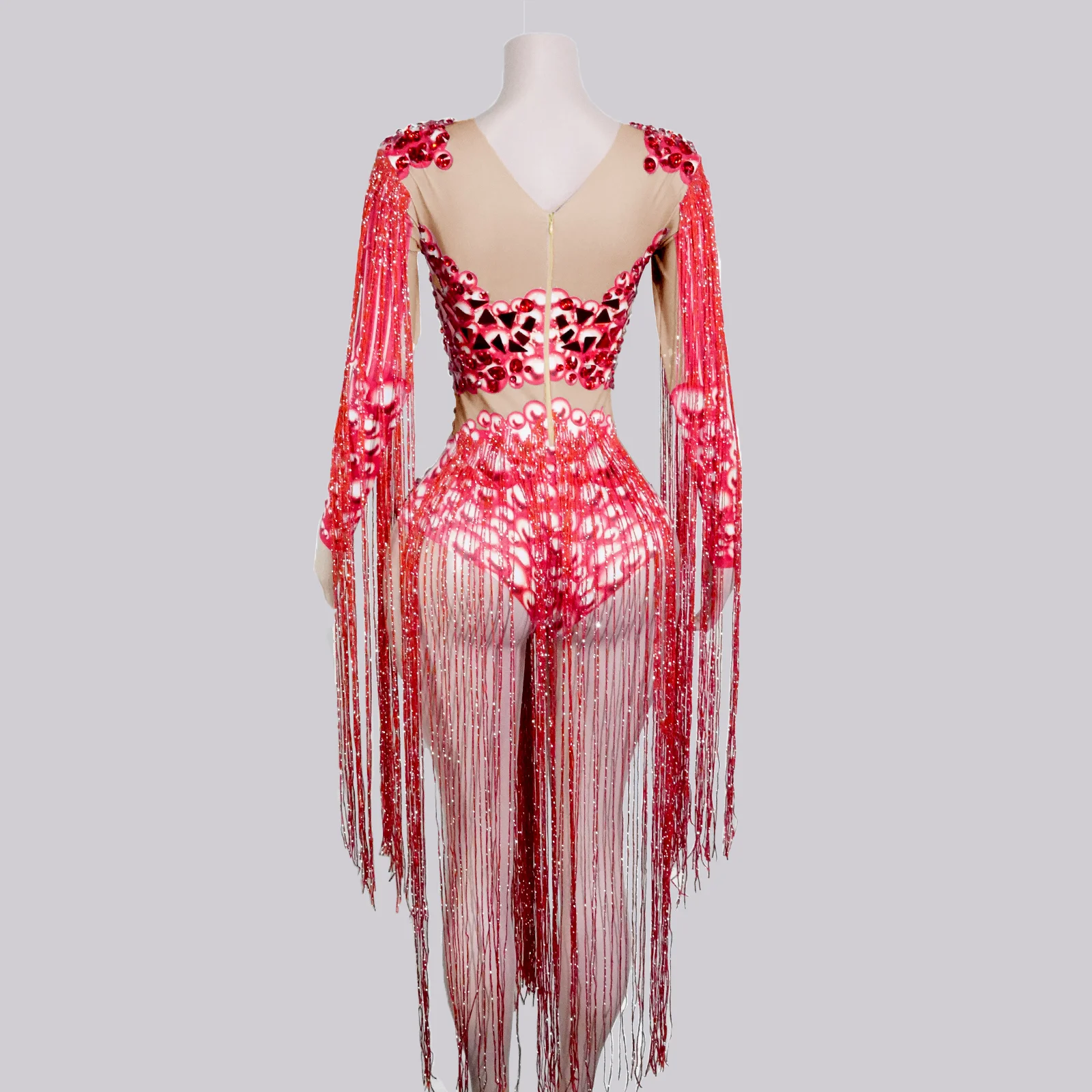 Błyszczący Czerwony Kombinezon z Frędzlami z Cyrkonii, Strój do Tańca z Efektem Lustra, Kostiumy dla Showgirl, Strój Drag Queen, Strój Gogo na Występy, Kostium na Scenę do Klubu Nocnego