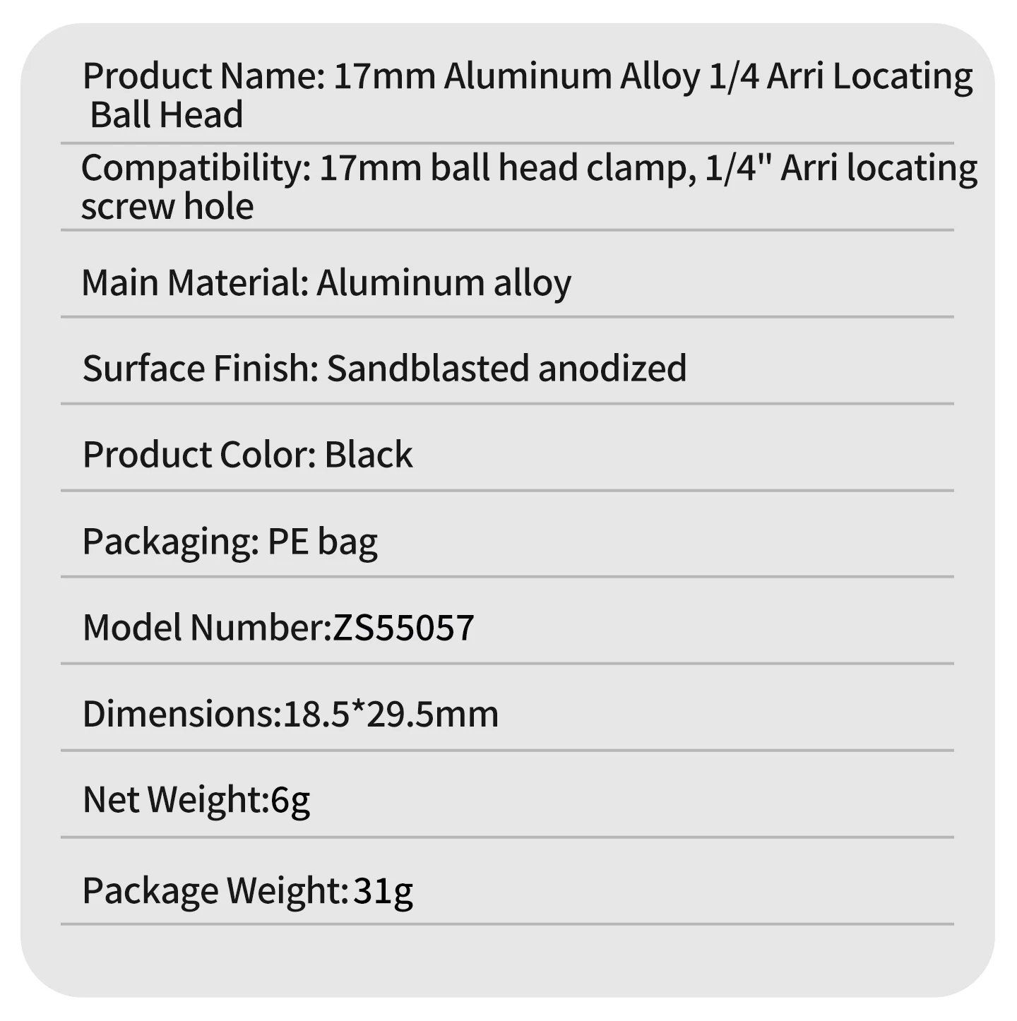 17-mm-Aluminiumlegierungs-Kugelkopf mit 1/4 ARRI-Fixierschraube für Doppelgelenkarm-Superklemme zur Befestigung von Action-Kameras – Detail 12