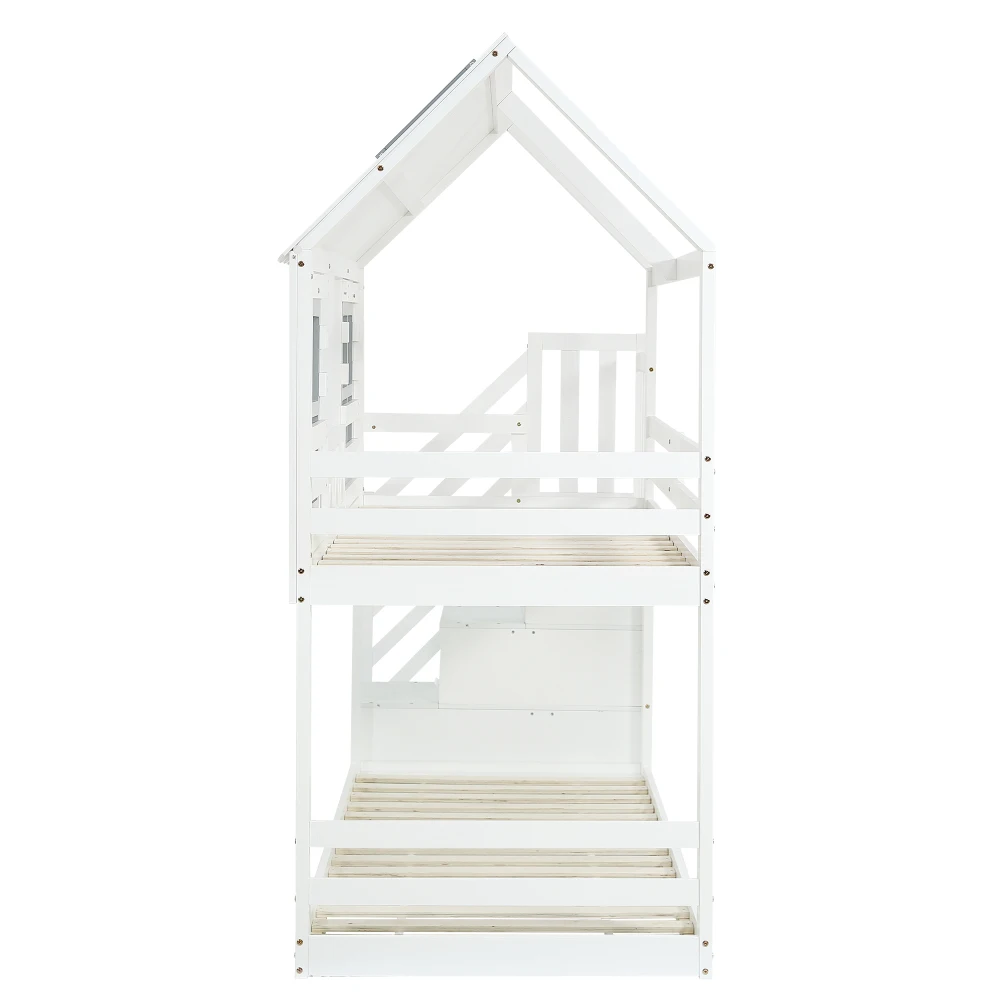 PINGGO Weißgraues Etagenbett 90x200cm mit Dachfenster, Leiter, Fallschirmgitter und 3 Staufächern aus Kiefern-MDF, ohne Matratze – Detail 17