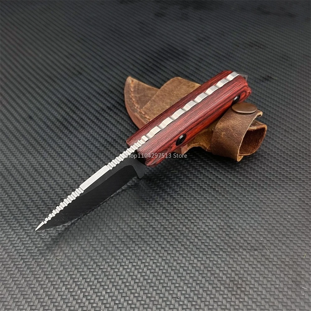 Classic Outdoor Straight Knife with Wooden Handle Fixed Blade and Protective Leather Sheath EDC Camping Hiking Utility Tool