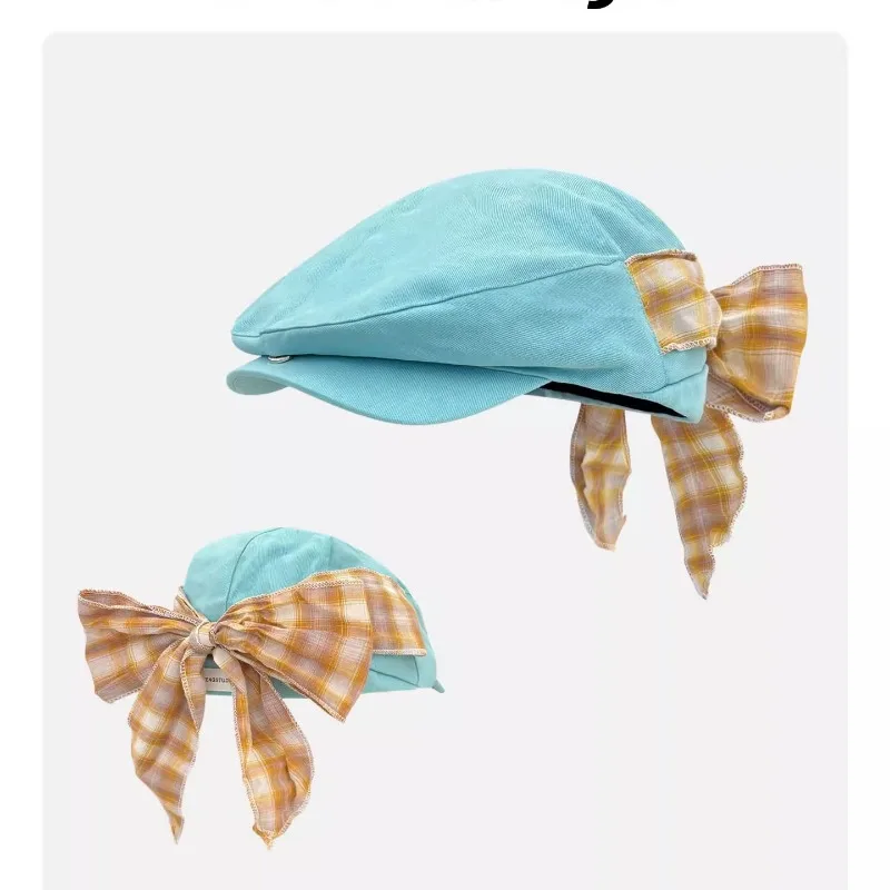 

Korean Simple and Retro Plaid Bow Forward Hat Women's Spring and Summer Literary and Versatile Street Short-brimmed Beret Cap