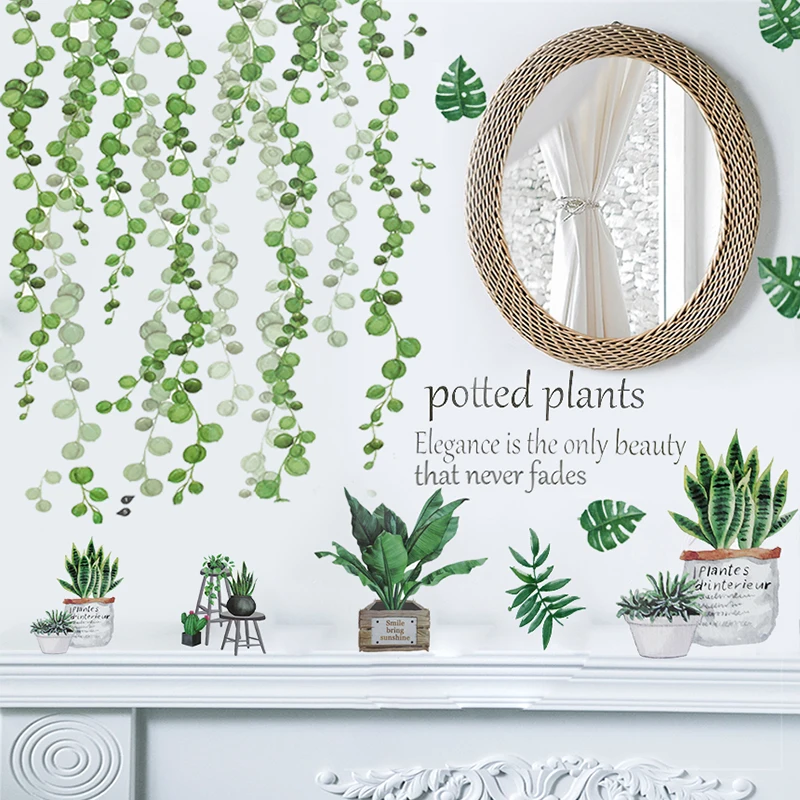 Removable Tropical Leaves Flowers Wall Stickers Home Living Room Decorative Green Leaves Plants DIY Sticker Wallpaper Supplies