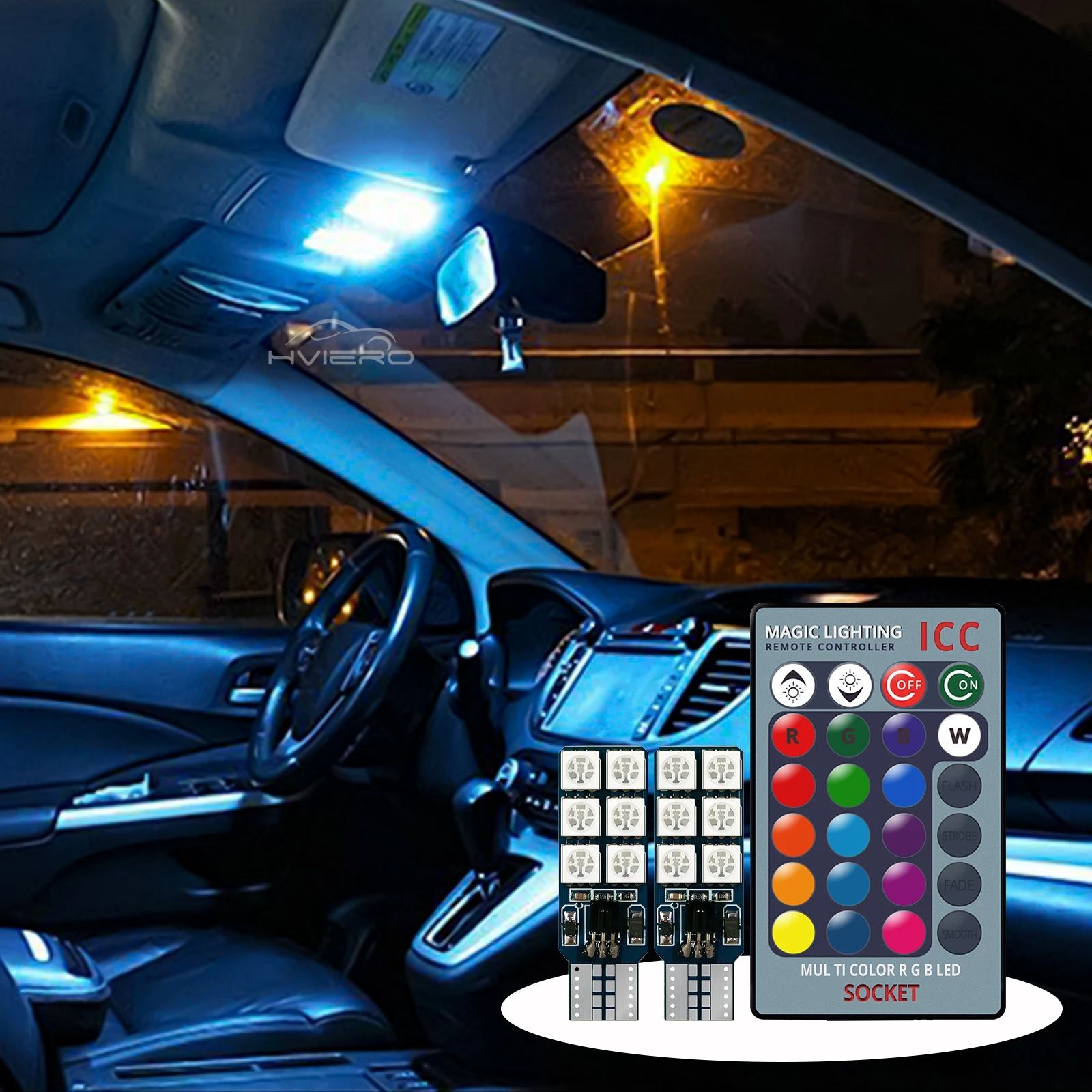 2Pcs Auto Interior Decoration Lamp T10 W5W 5050 12SMD Atmosphere Car Dome Light Reading RGB Bulbs with Remote Controller DC 12V