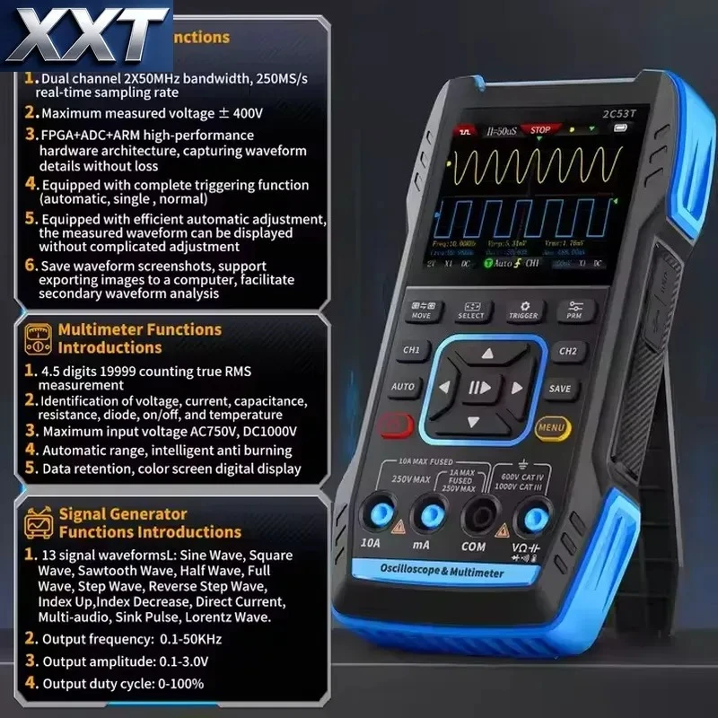 XXT 2C53T Upgrade 2pcs 10X Probe 3in1 Digital Oscilloscope Multimeter Signal Generator 50MHz Bandwidth 2 Channel 20000 view 5