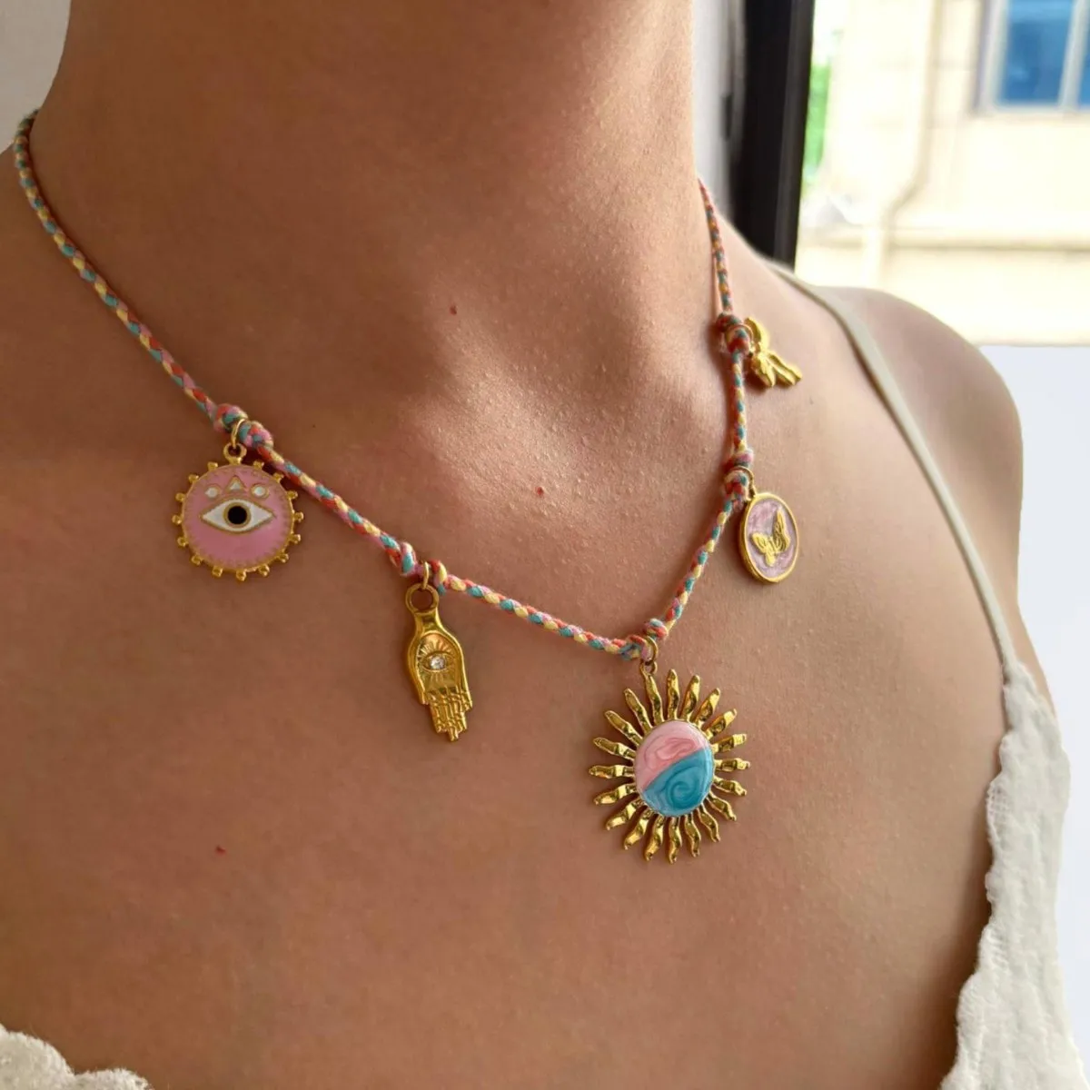 European American Stainless Steel Sun All Seeing Eye Bow Multi Pendant Minimal Elegant Titanium Steel Necklace For Women Cross