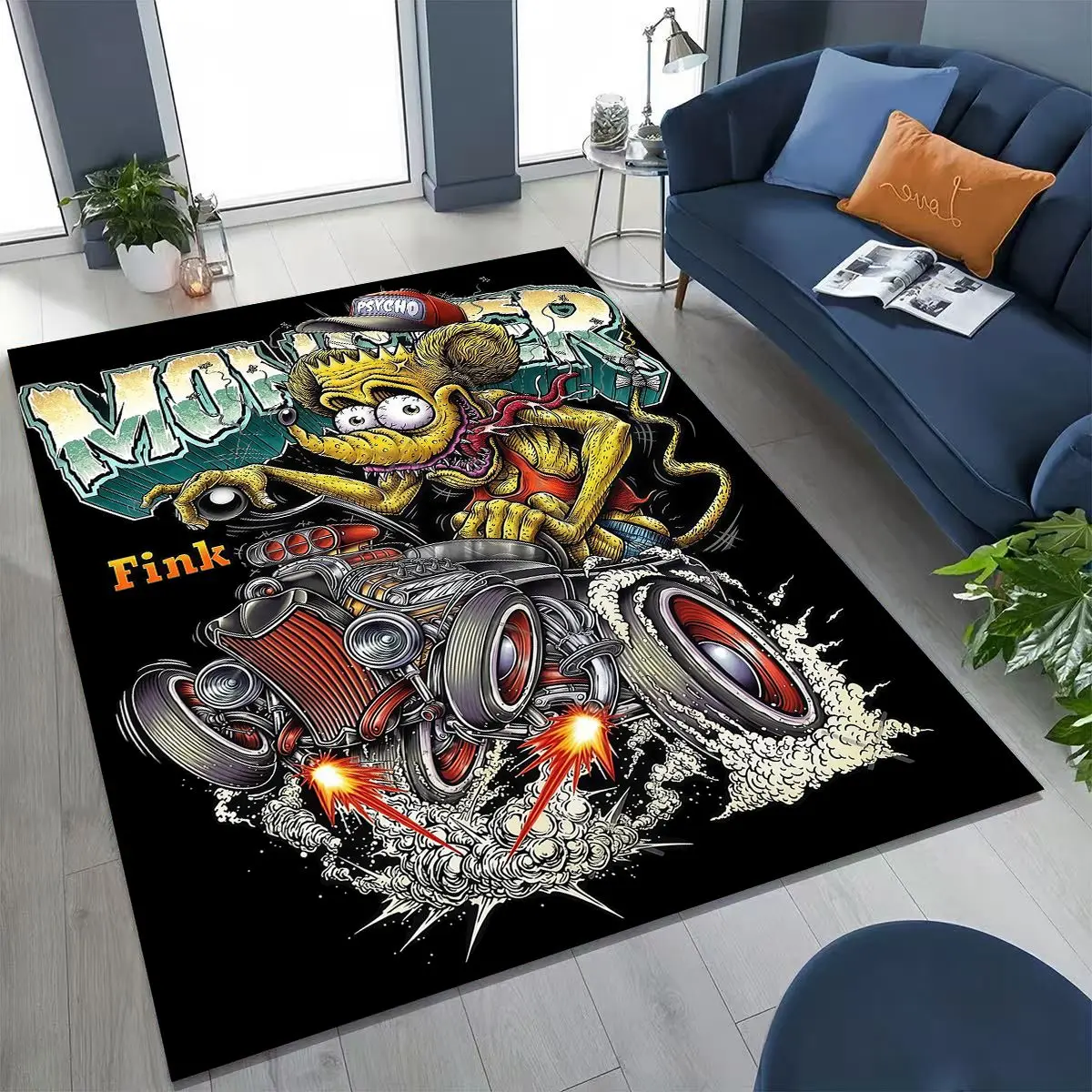 

3D Rebellious RAT FINK Cars Sign Cartoon Rug for Bedroom Living Room Sofa Home Doormat Decor, Large Kids Play Non-slip Floor Mat