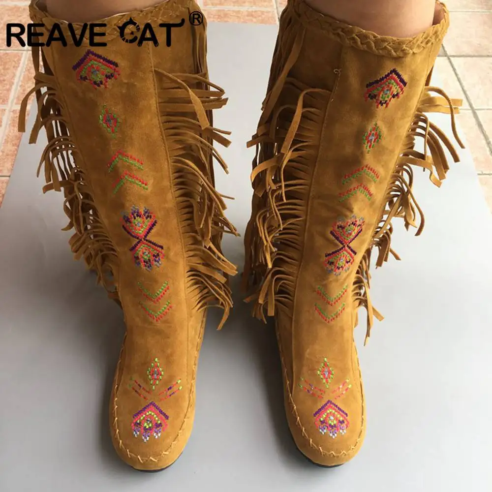 REAVE CAT Fashion Nation Flock Leather Women Fringe Flat Heels Long Boots Spring Autumn Tassel Knee High Boots