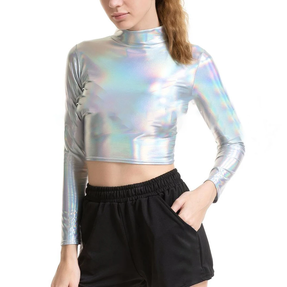 

Long Sleeve Crop Top Women Mock Neck Tops Daily Dance Long Sleeve Mock Neck Polyester Women Faux Leather Shiny