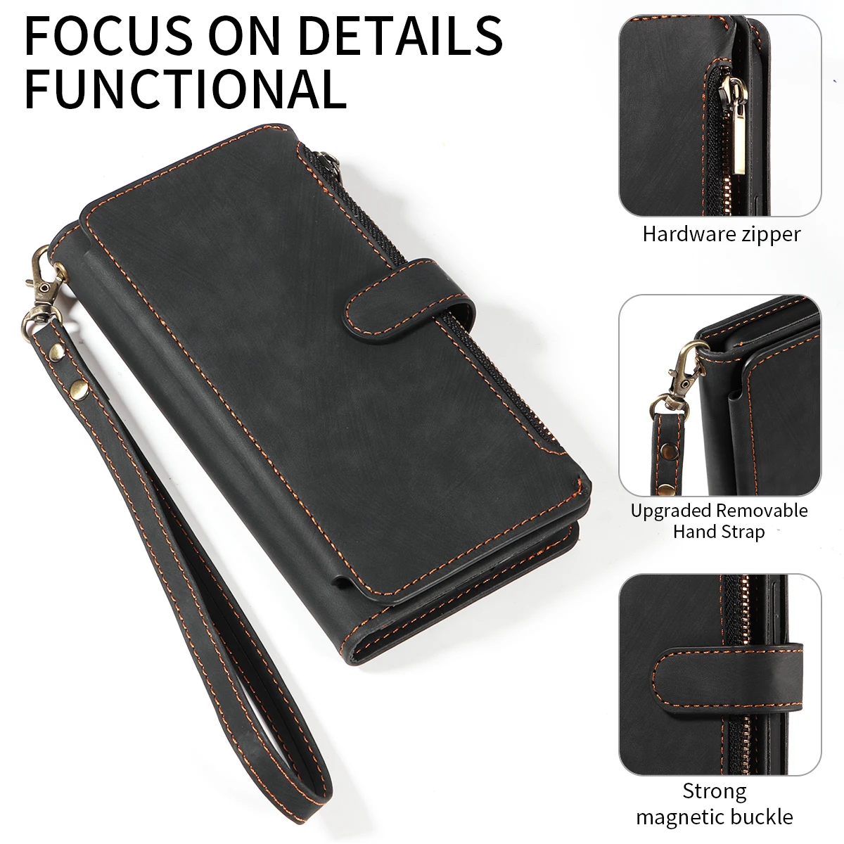 Reißverschluss PU-Leder Handyhülle für SamsungGalaxyA13 A14 A15 A21 A22 A23 A24 A25 A32 A34 A50 A54 Flip mit Kartenfächern Wallet Cover – Detail 7