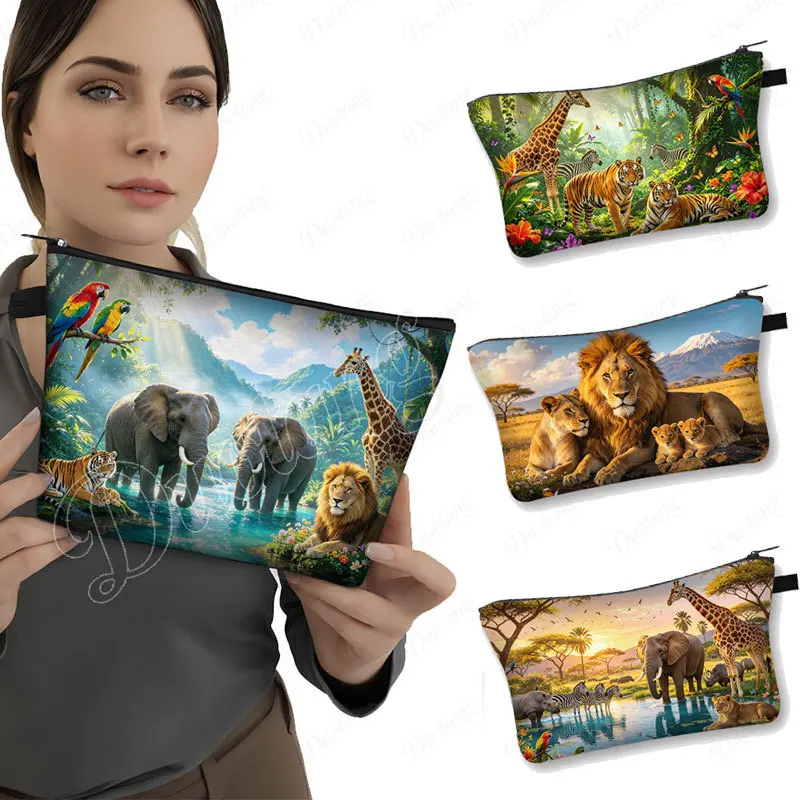 Jungle Animals Wildlife Pattern Cosmetic Case Tropical Forest Elephant Tiger Giraffe Zebra Lion Women Makeup Bags Cosmetic Bag