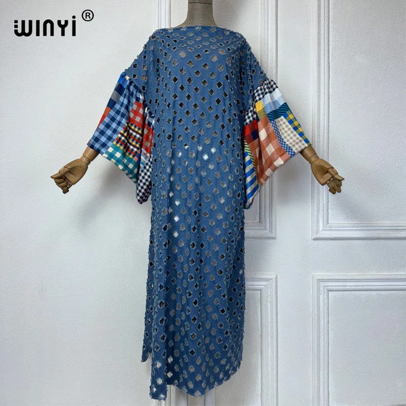 Winyi Originele Sexy Holle Denim Jurk Met Bubbelmouwen Mode-Afrika Damesvakantie Casual Maxi Strandbedekking Feestjurken