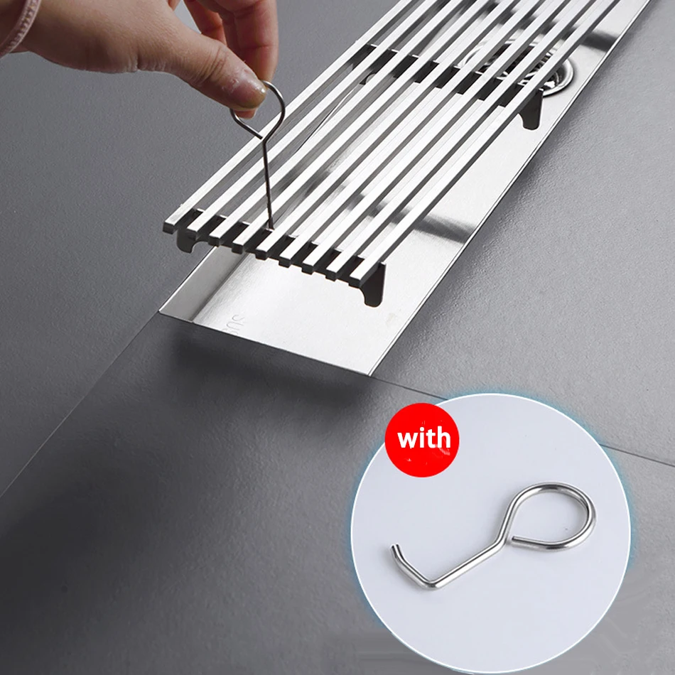 304 Stainless Steel Floor Drain Rectangle Displacement Deodorant Bathroom Shower Long Linear Drainage Side Floor Drains Brushed