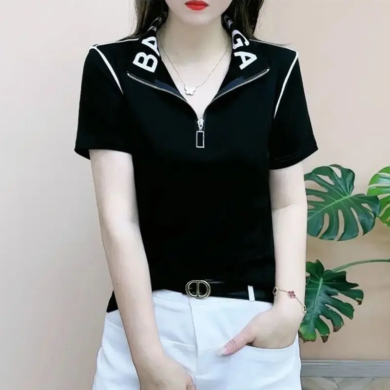 Women's T-shirt Short Sleeve Summer Female Polo Shirt Casual Fashion Slim Fit Ladies Tops Black Zipper Pullover Tops