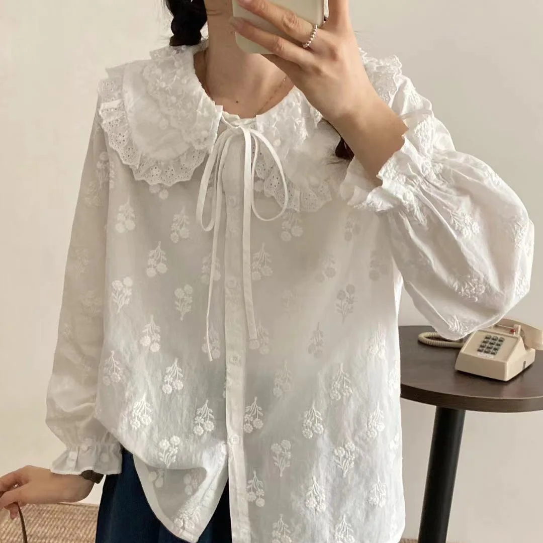 Spring New Japanese Sweet Mori Girl Embroidered Shirt Women Cute Peter Pan Collar Long Sleeve Solid Color Casual Loose Tops