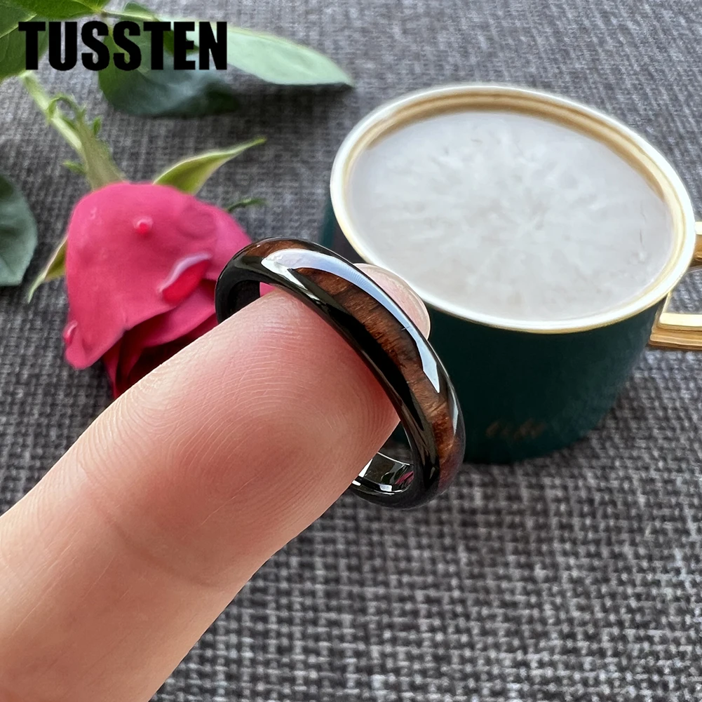 Dropshipping TUSSTEN 4MM Tungsten Carbide Ring for Men Women Engagement Wedding Band Rosewood Inlay Trendy Jewelry Comfort Fit