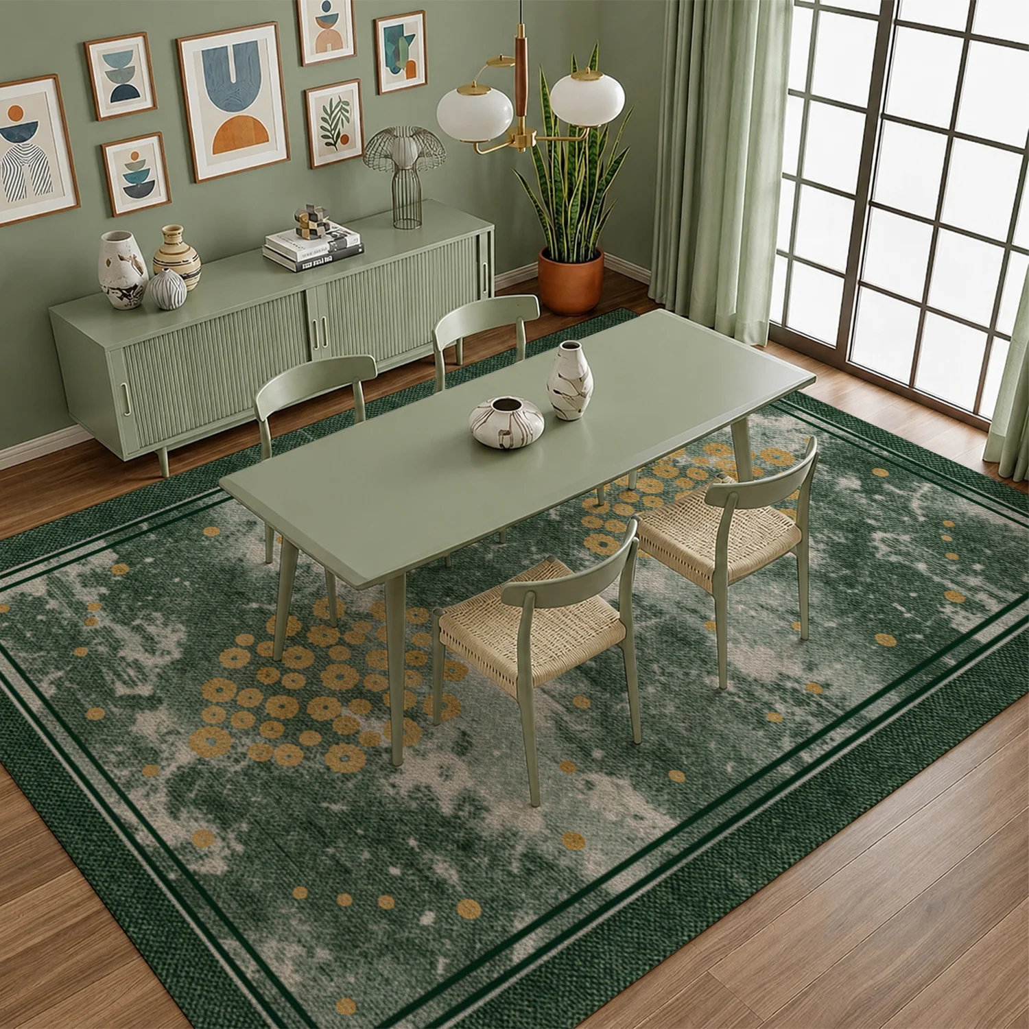 Distressed Green with Gold Circular Motifs Area Rug, Plush Velvet Machine Washable Durable Floor Rug for Living Room Bedroom Dining Entryway, Ideal for Halloween Thanksgiving Christmas New Year Home Decor