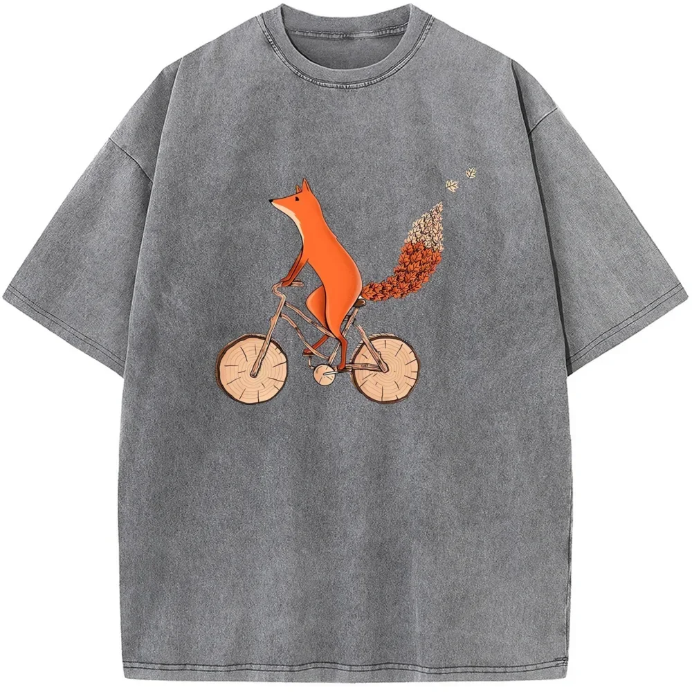 Fox Bicycle Men's Washed T-Shirt Summer Cotton Bleached Tshirt Tops Vintage Loose Casual Tees Fashion Loose Bleach T shirt