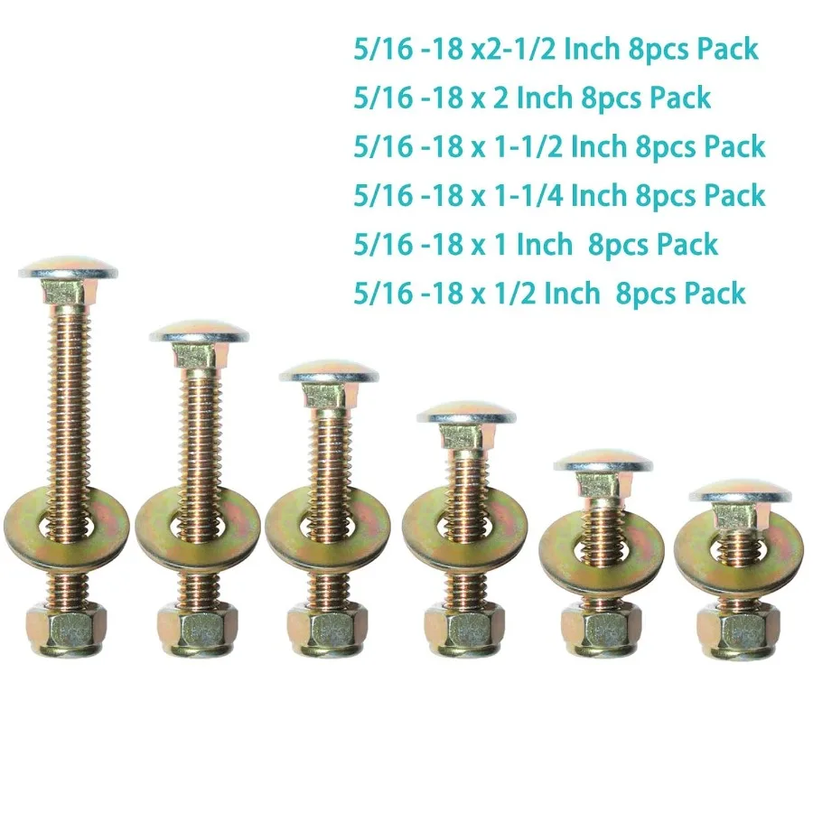 Bulloni per carrello da 5 16" x 1" per galvanizzazione del colore del collo quadrato con dado di bloccaggio in nylon e kit di assortimento di rondelle di grandi dimensioniCarbon