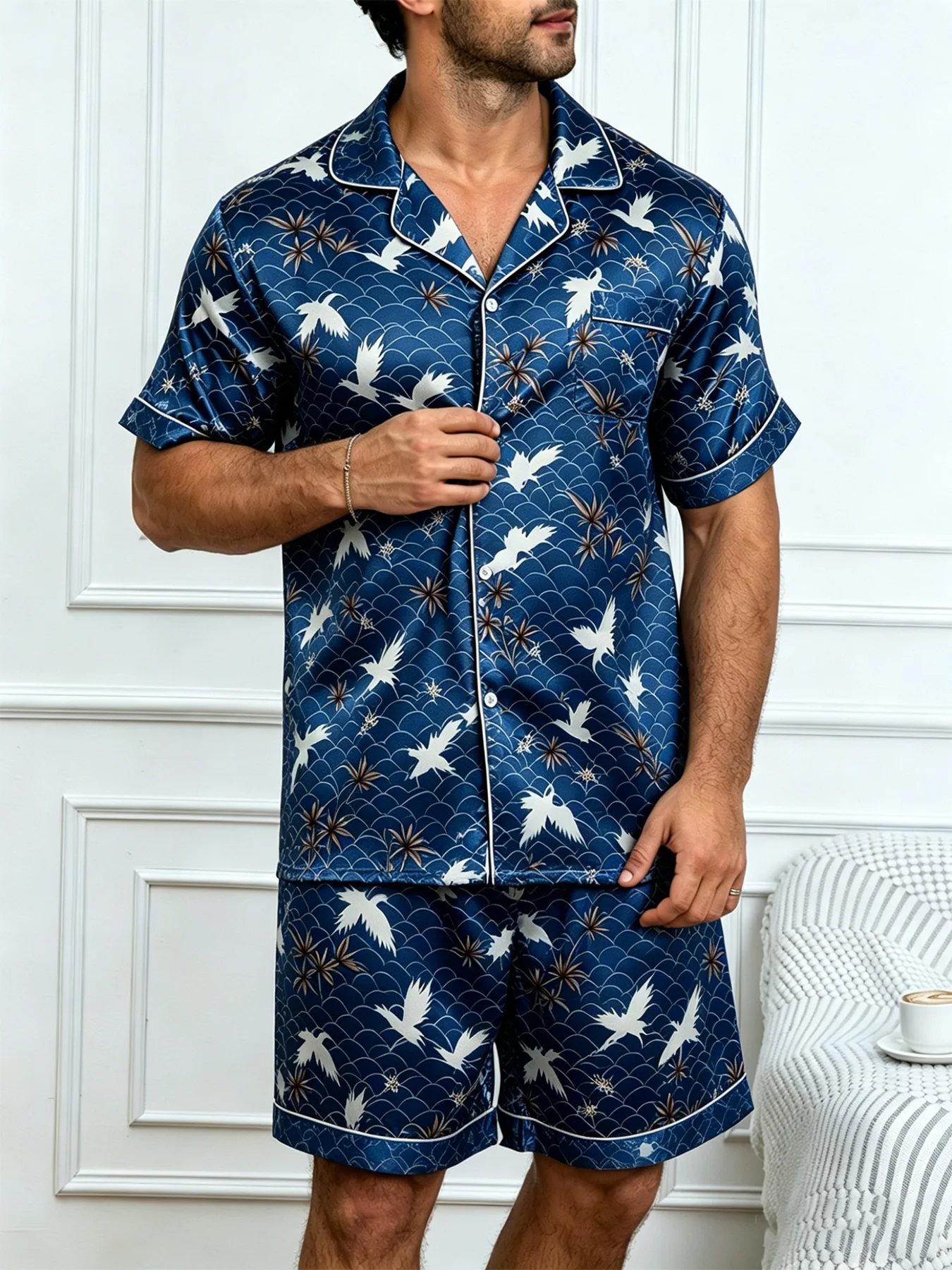 Men Satin Floral Print Button Down Shorts Sleeve Shirts With Shorts 2 Piece Set Soft Comfortable Loungewear Set Outdoor-Homewear