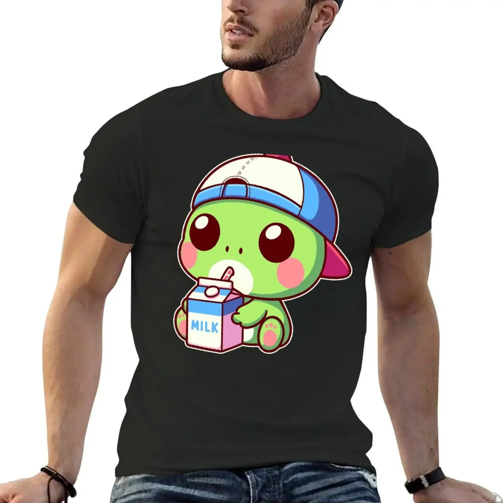 

Cute Frog Drinking Milk Kawaii Anime Toad T-Shirt shirts graphic tees boys whites heavyweight t shirts for men