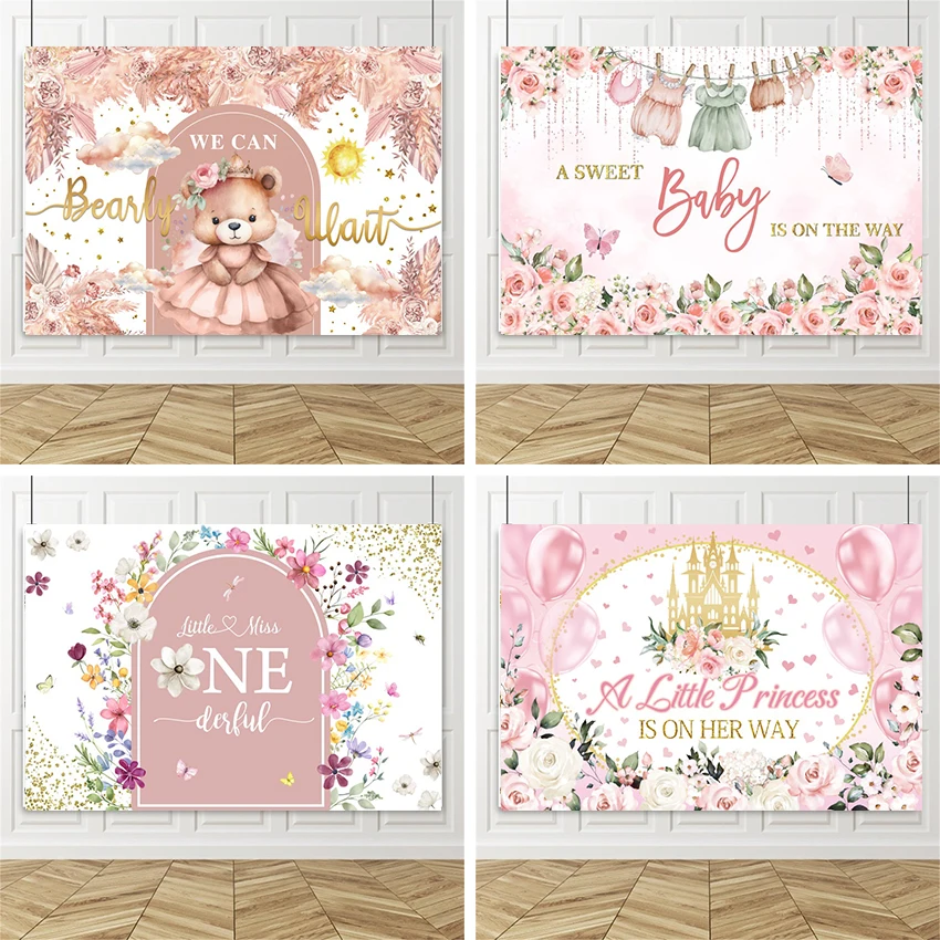 

We Can Bearly Wait Cute Bear Banner Photography Background Flower Balloon Birthday Party Baby Shower Decor Barkdrop Photo Studio