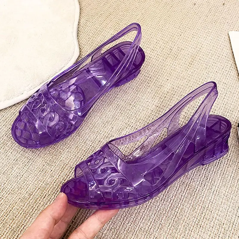 Summer PVC Plastic Sandals for Women Purple Footwear Open Toe Ladies Shoes with Medium Heels Jelly Asian Size Vip Sale F H