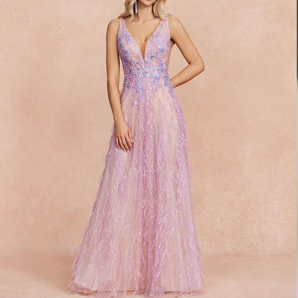 

CustomizedElegant Evening Dresses Sleeveless Lace Feathers Lace Tulle V-Neck Lace up Back Floor Length Appliques Bespoke Occasio