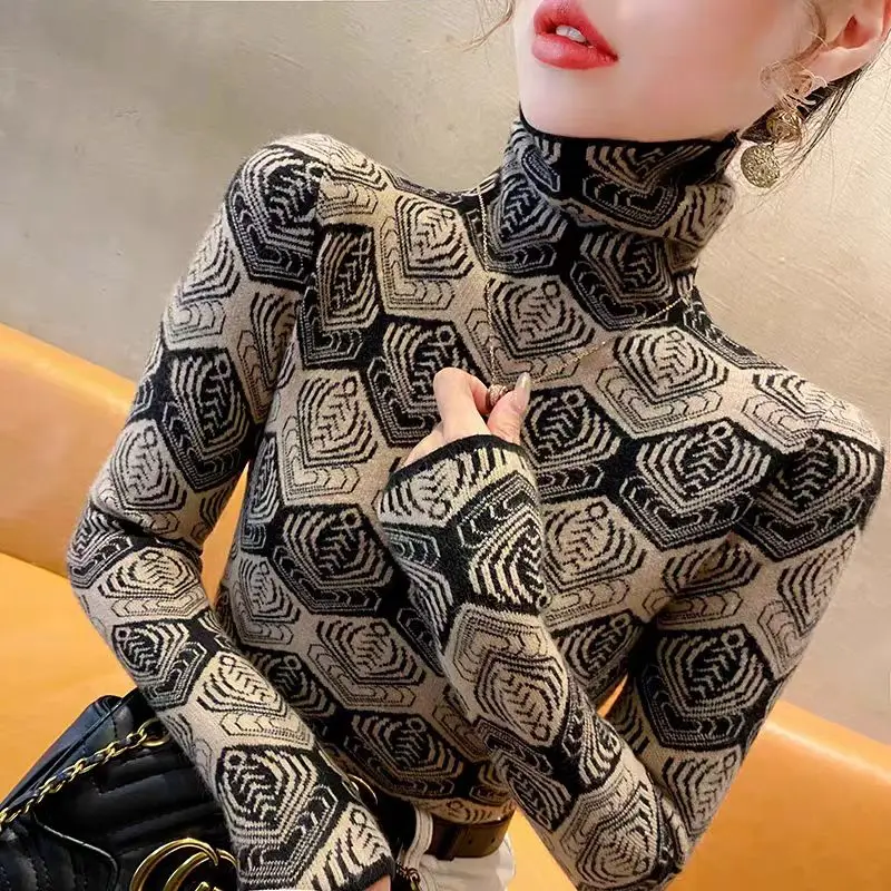 Women Clothing Vintage All-match Long Sleeve Turtleneck Sweaters Autumn Winter Fashion Geometric Slim Pullovers Lady Y2k Tops