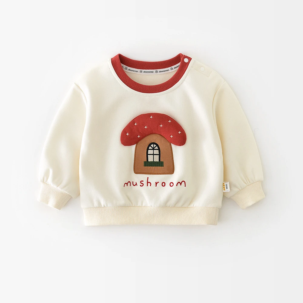 2025 Autumn Mushroom House Baby Sweatshirt Cartoon Applique Round Neck Long Sleeve 0-3Y Baby Top with Shoulder Button