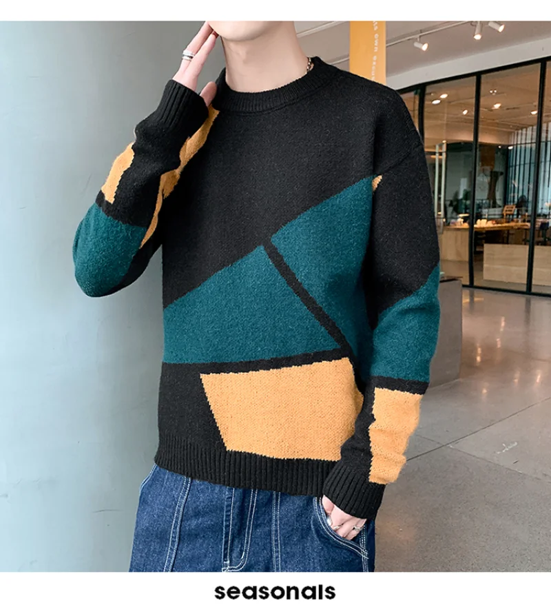 Autumn Spring New Patchwork Patterned Men\'s Pullovers Round Collar Knitted Slim Fit Korean Style Outerwear Sweater Jumper