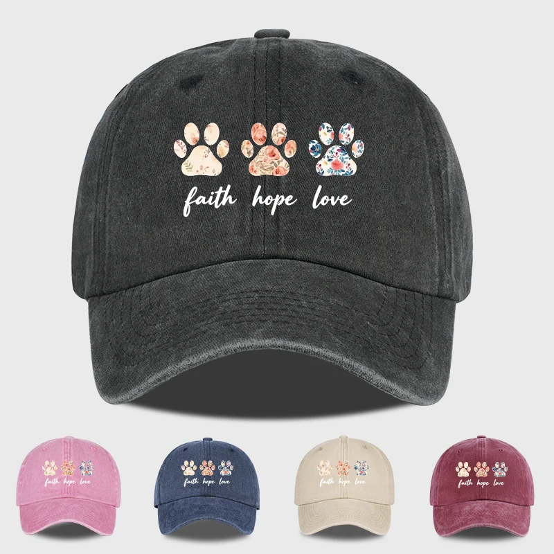 Floral Paw Print Baseball Cap Faith Hope Love Washed Cotton 