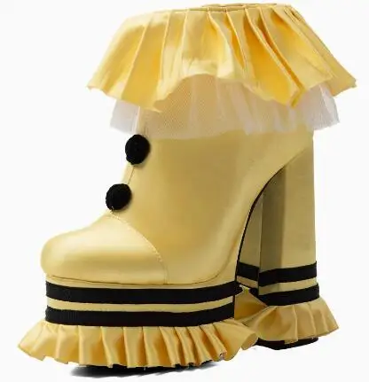 Yellow Ruffle Frill Satin High Heels Ankle Boots Women Round Toe Pom Pom Lolita Platform Block Heel Party Cosplay Shoes Booties