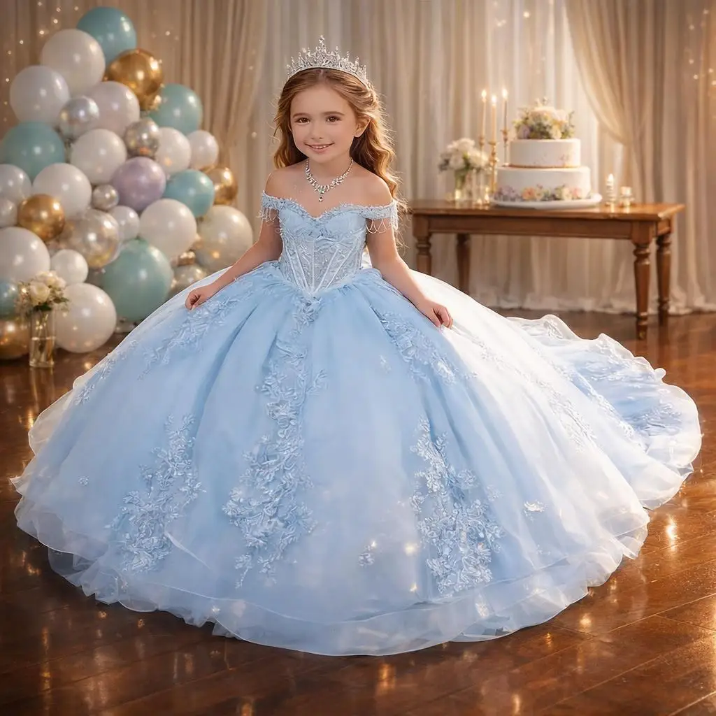 Princess Off Shoulder Flower Girl Dress for Wedding Kids Lace Appliqued Tulle Pageant Dress Customized Birthday Party Ball Gown