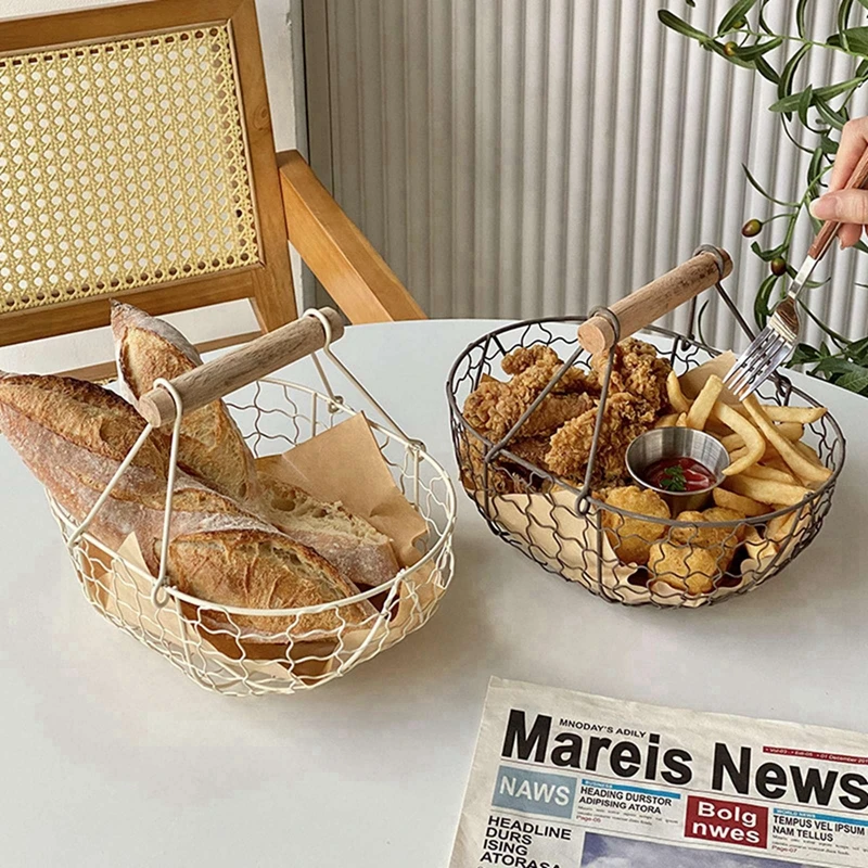 Fruit Basket Iron Snack Bread Vegetable Storage Basket with Wooden Handle Bread Storage for Bathroom Picnic Restaurant