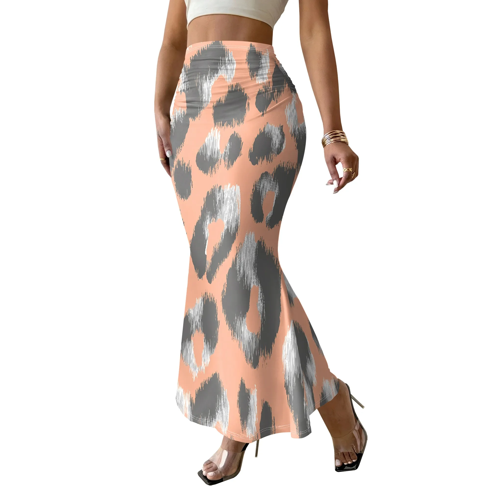 Peach Leopard Print Mermaid Skirt, High Waist Bodycon Maxi Skirt, Stretchy Party Club Wear, S-3XL
