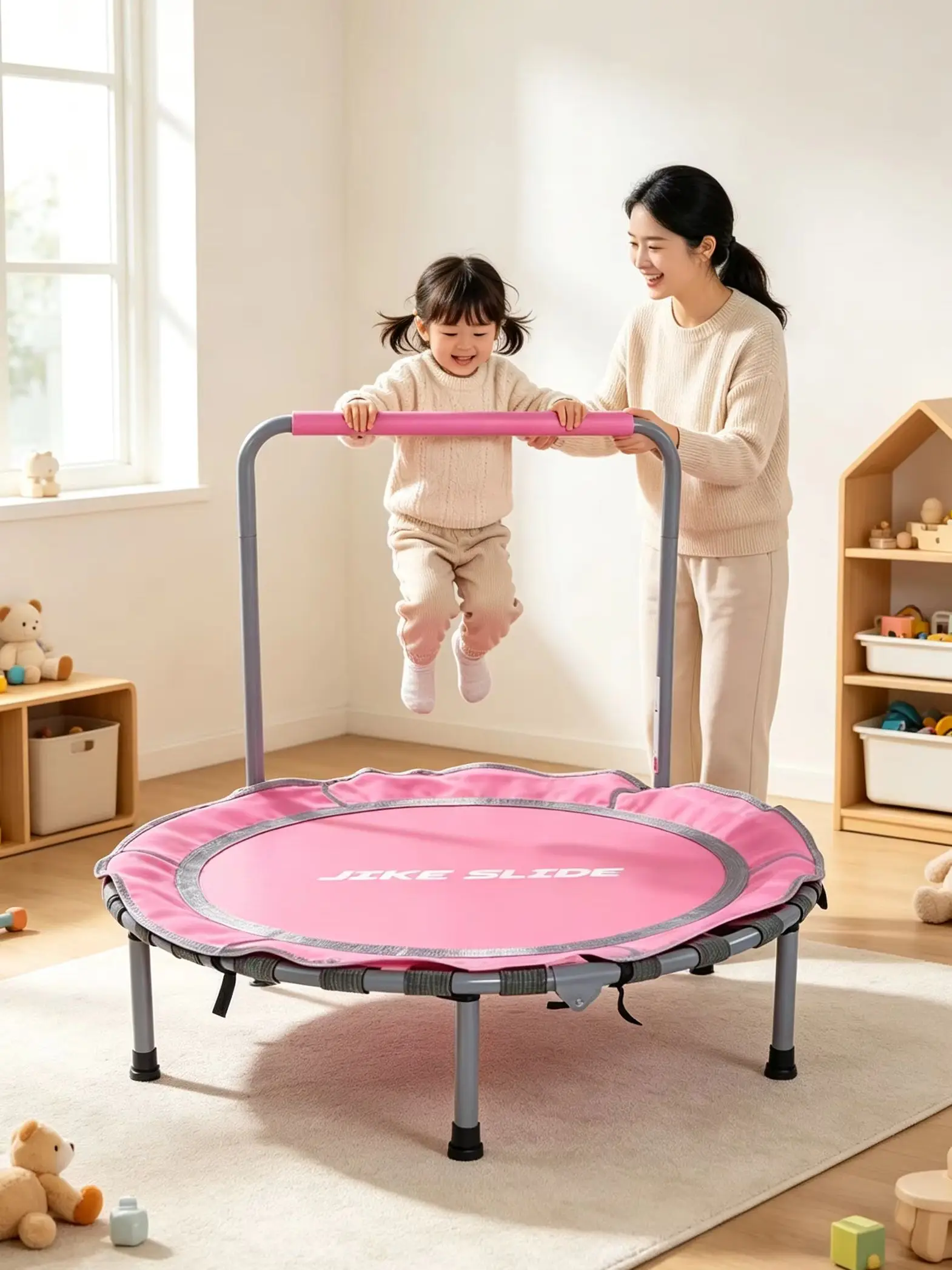 Pink Foldable Kids Trampoline With Handrail Size Marked Indoor Toddler Fitness Jumping Rebounder Home Exercise Toy