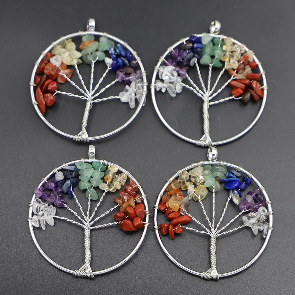 Natural Color Gravel Fashion 7 Chakra Tree Of Life Handmade Wire Wrapped Pendant DIY Jewelry Accessories Marking Wholesale 10Pcs