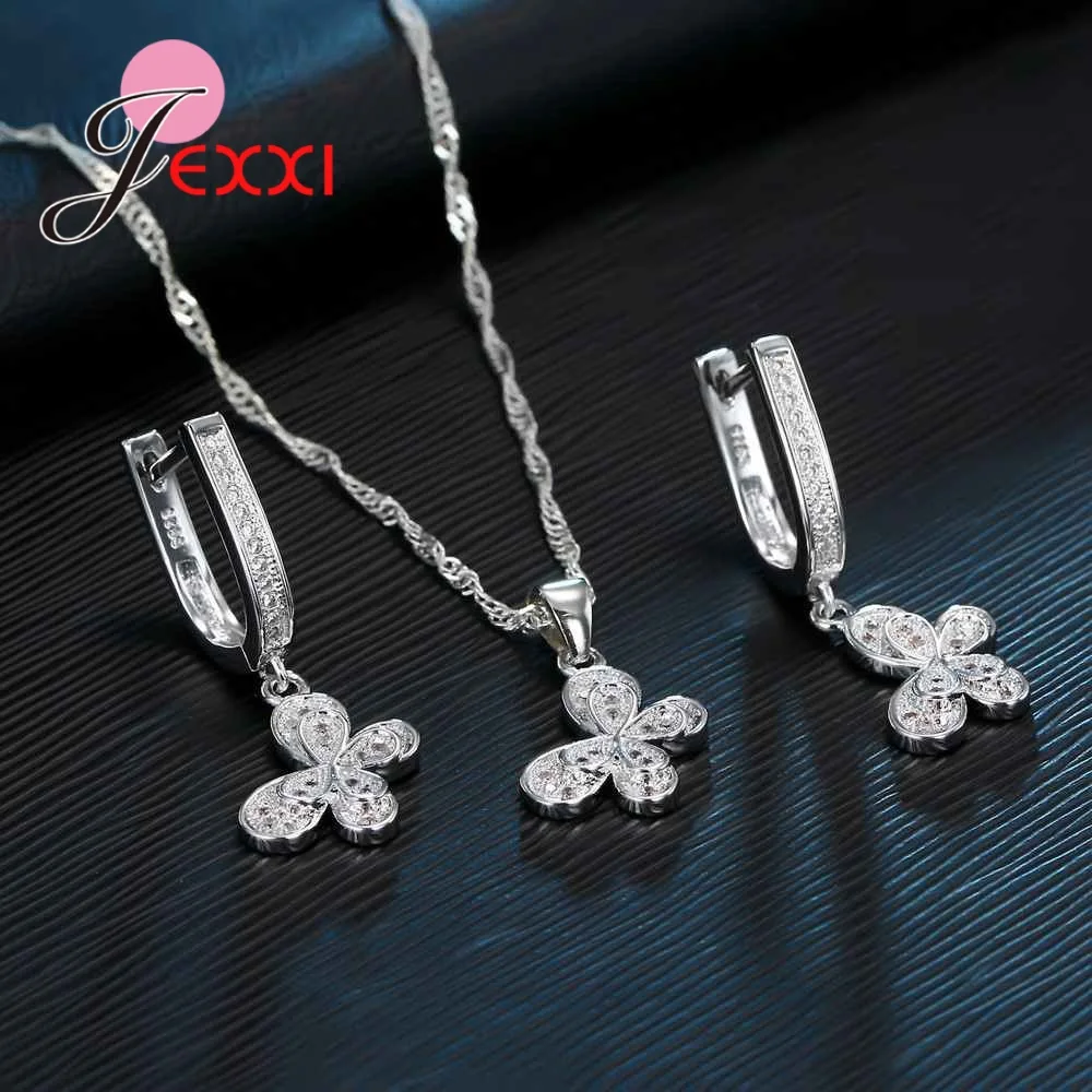 Unique Butterfly Design Cubic Zircon Girl Party Accessory Top Quality 925 Sterling Silver Necklace Earrings Sets