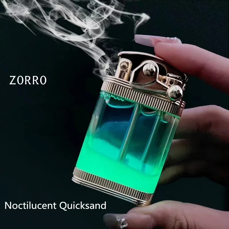 ZORRO Luminous Quicksand Rocker Kerosene Lighter Transparent Fuel Tank Metal Retro Grinding Wheel Cigarette Lighter Men's Gift