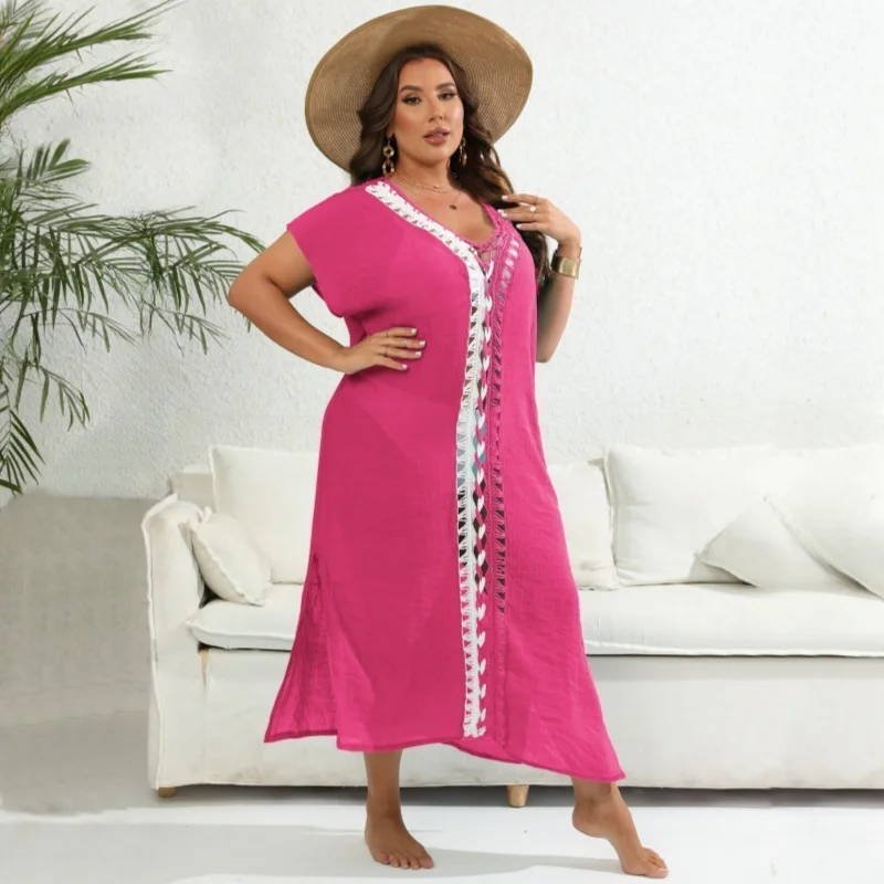 Vrouwen V-hals Cover Ups Beachwear Lange Een Stuk Hollow Out Beachdress Plus Size Solid Bikini Maxi Badpakken Kaftan Badpak