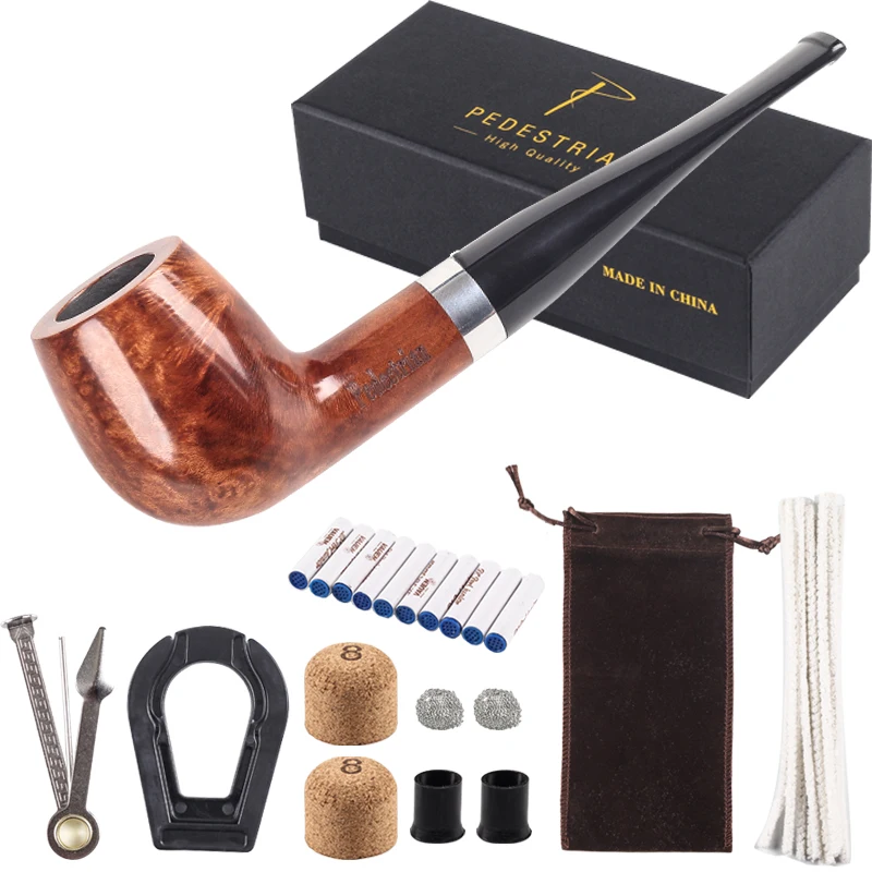 New 1set Silver Ring Tobacco Pipe 9mm Filter Briar Wood Pipe Traditional Straight Smoking Pipe Large Smoke Accessory 10 tools