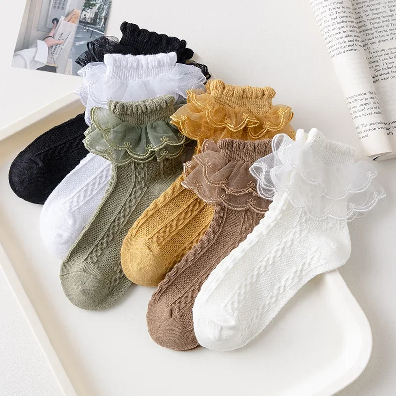 

3 Pairs/Lot Summer Girls Socks Baby Kids Ruffle Sock Cute Children Frilly White Black Lace Cotton Socks For 1-10Years