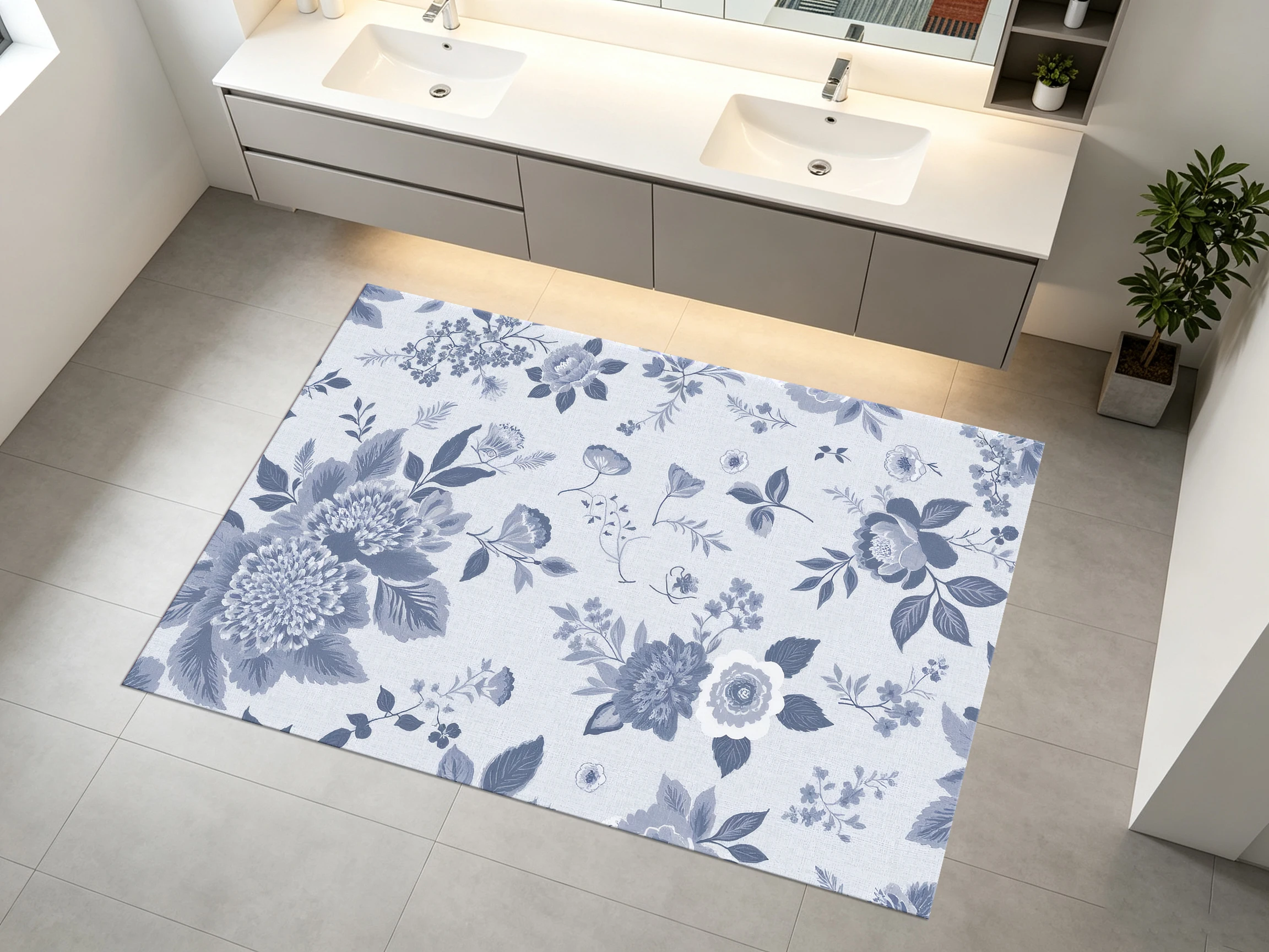 2D Large Rug, Light Blue French Floral Pattern, Soft & Skin-Friendly, Suitable for Living Room & Bedroom, Enhances