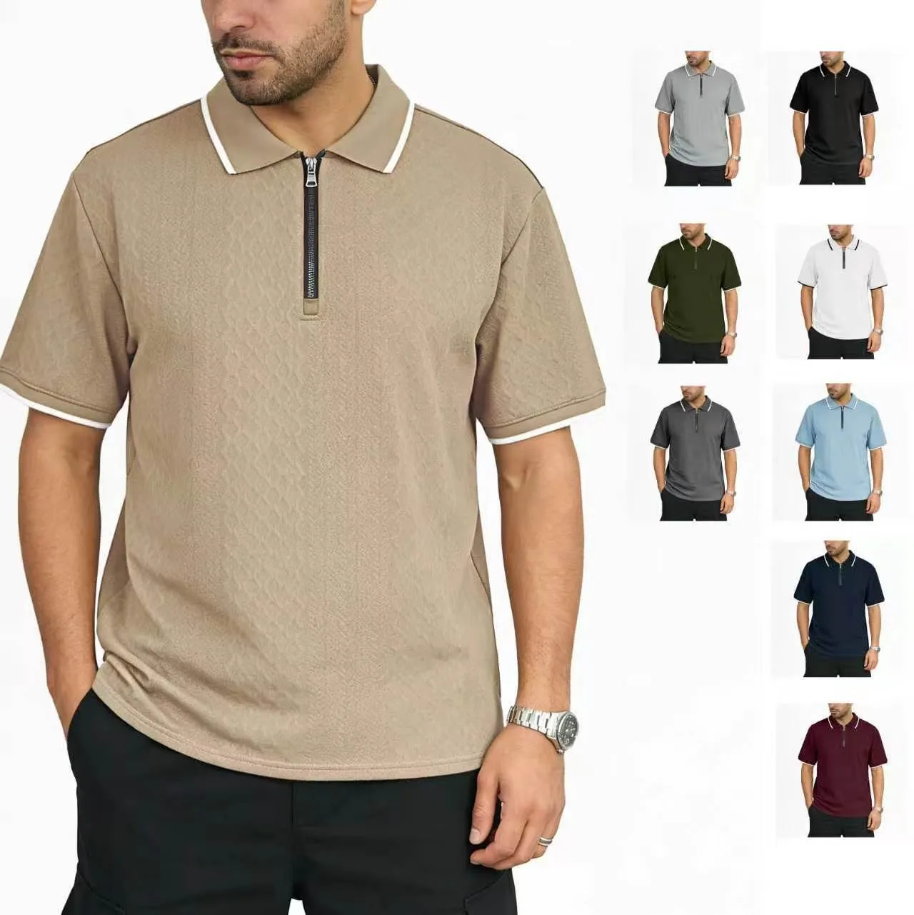 Short Sleeve Shirt Loose Fit Striped Casual Shirts Khaki Olive Green Lightweight Contrast Trim Solid Color Textured